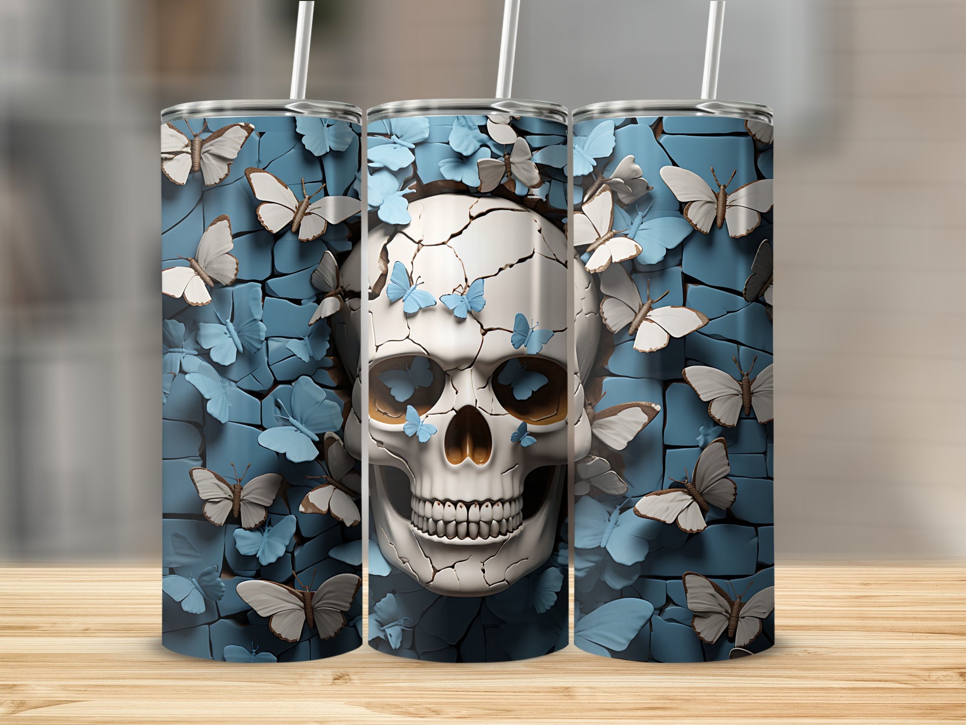 Cracked skull with blue butterflies on a textured background.