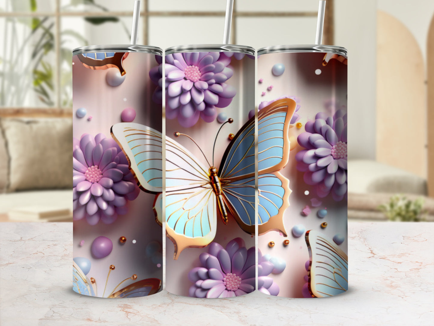 Floral butterfly tumbler with pastel flowers and light.