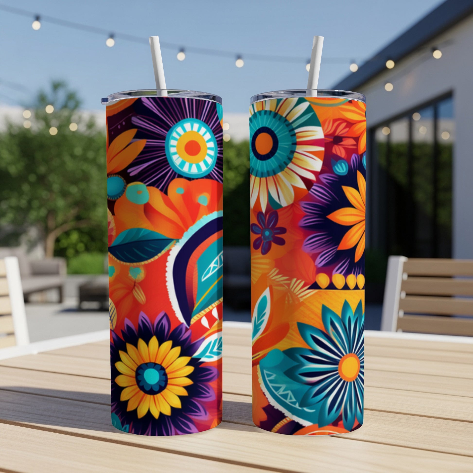 Two tall tumblers with vibrant floral and geometric patterns.