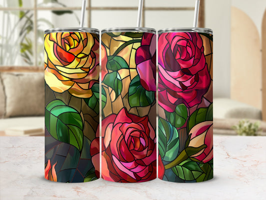 Three stained glass tumblers with rose designs in red and yellow.
