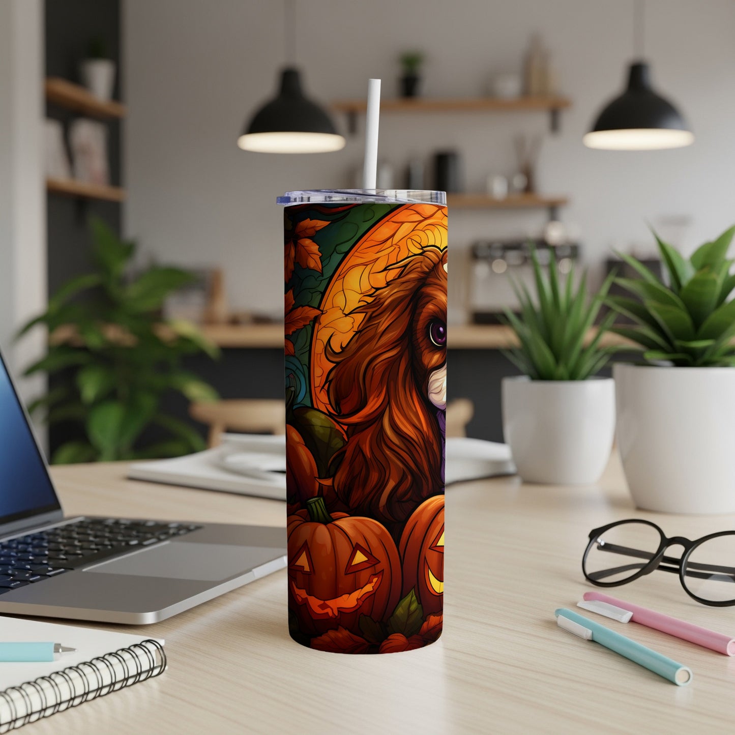 Halloween tumbler with dog, pumpkins, and autumn leaves design.