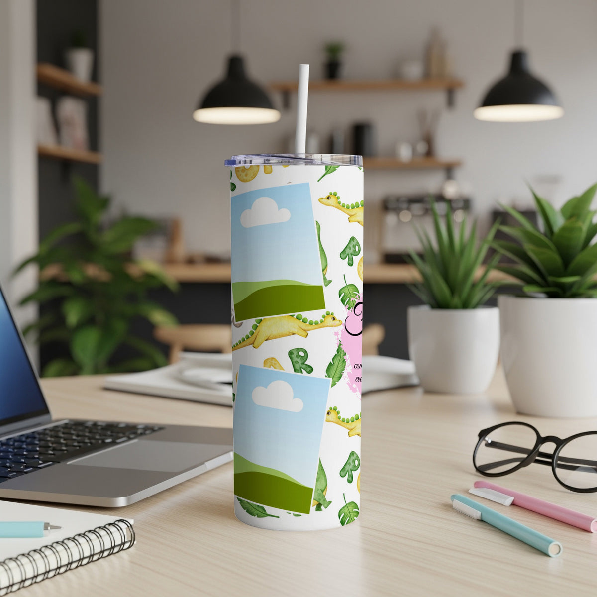 Tumbler with dinosaurs, clouds, and nature elements, featuring placeholder image areas.