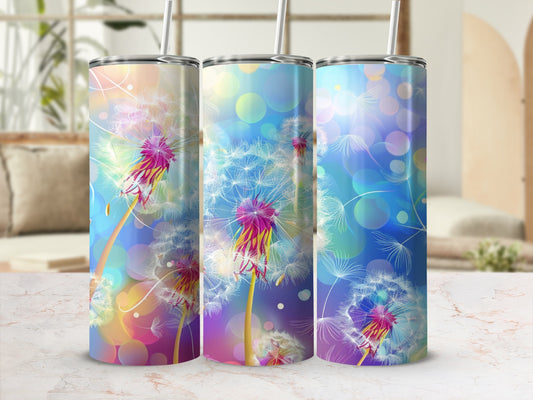 Three tumblers with dandelion seed heads and bokeh lights.