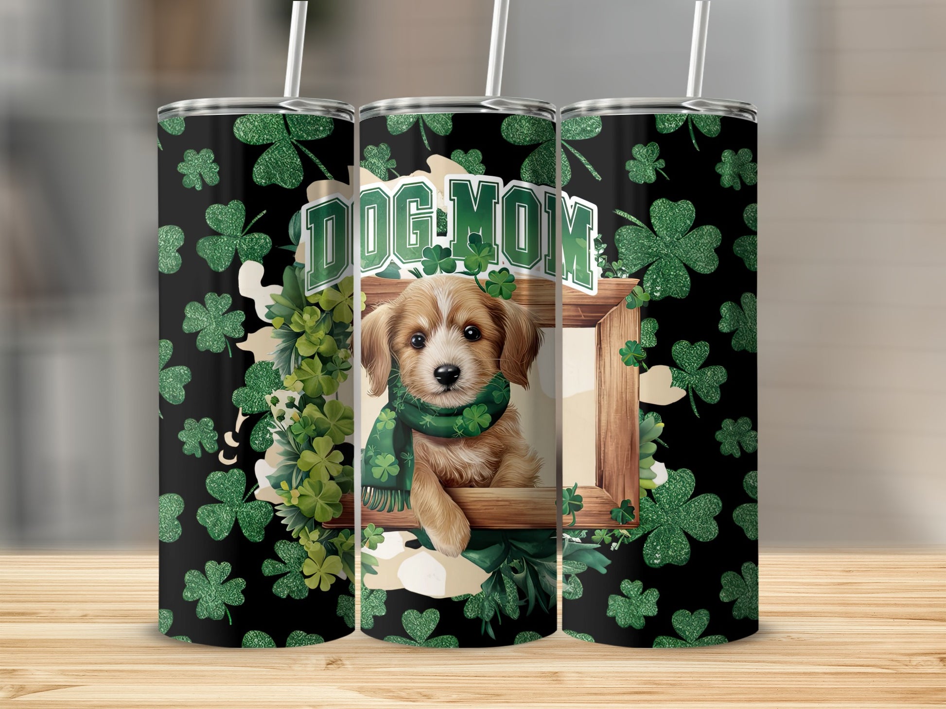 Dog Mom tumbler with puppy and shamrocks.