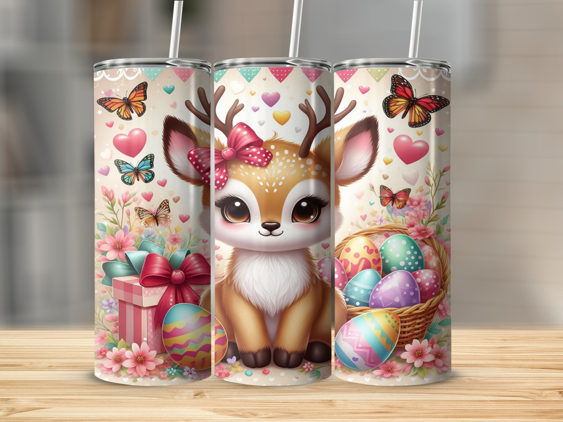Cute deer with Easter eggs and butterflies on tumblers.