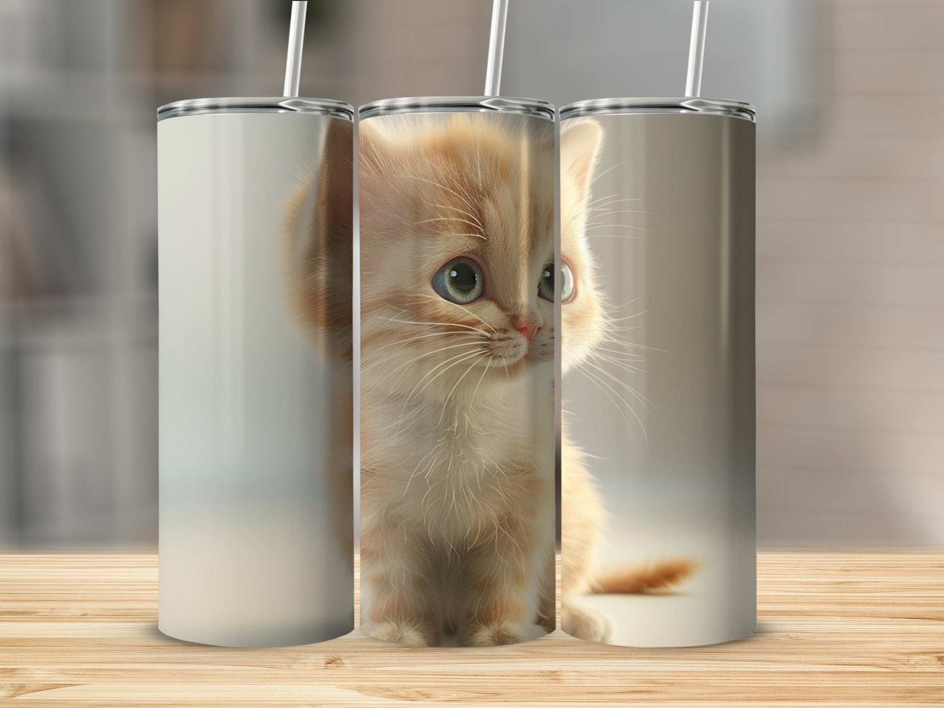 Fluffy orange kitten with blue eyes on a white background.