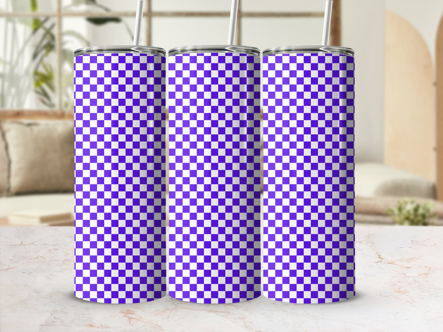 Three purple and white checkered pattern tumblers with straws.