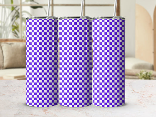Three purple and white checkered pattern tumblers with straws.
