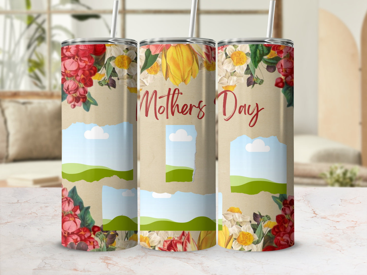 Floral patterned tumblers with "Mothers Day" text and blank photo frames.