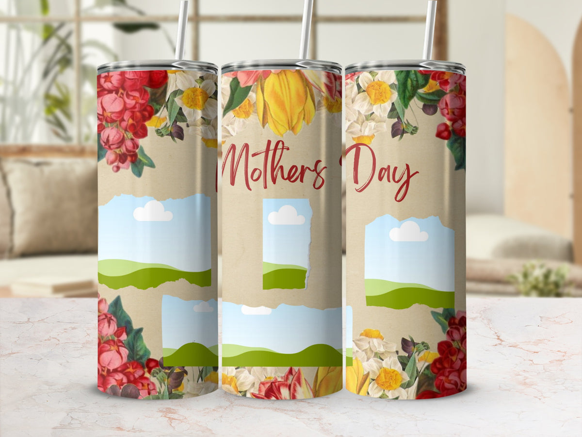 Floral patterned tumblers with "Mothers Day" text and blank photo frames.