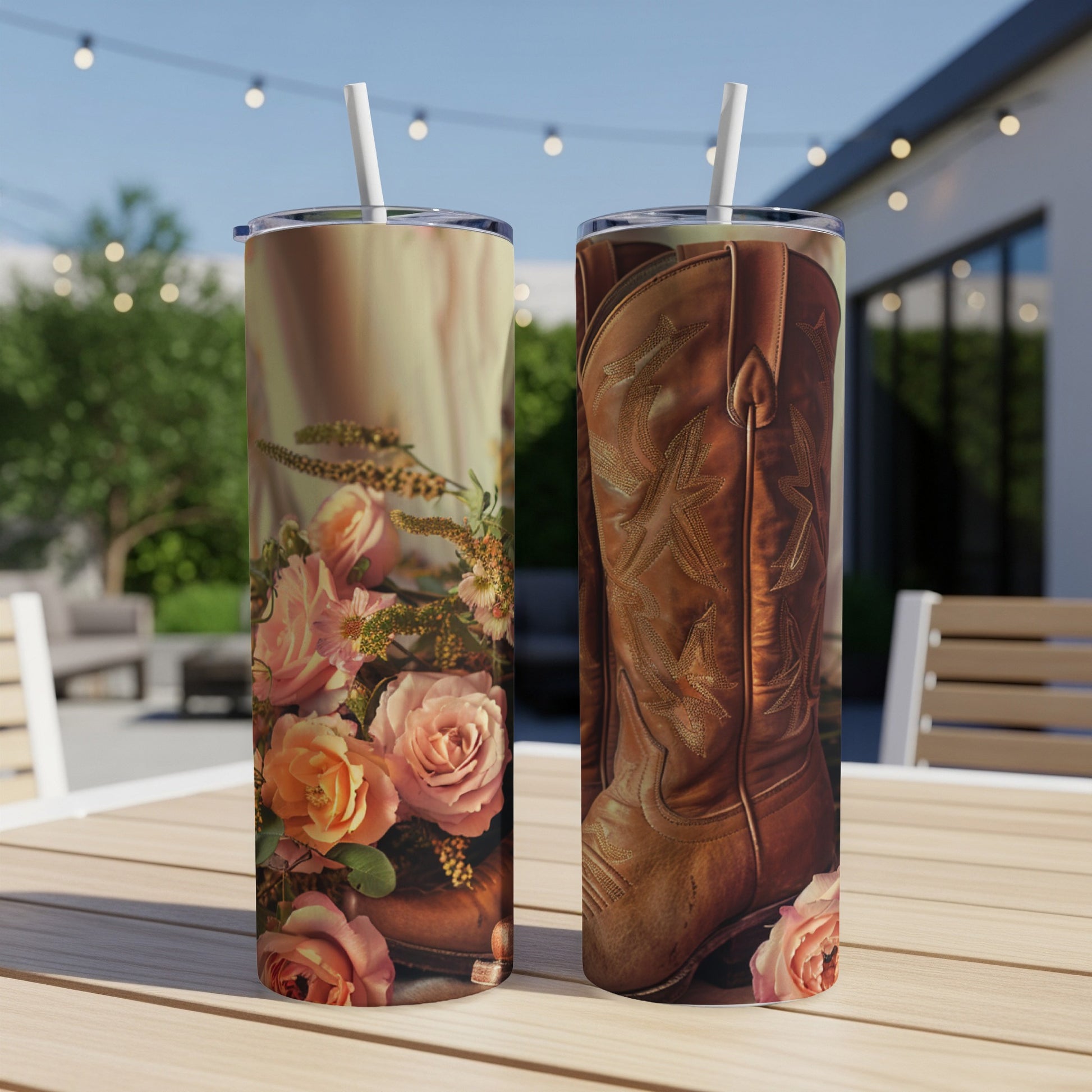 Two tumblers featuring a floral arrangement and a cowboy boot design.