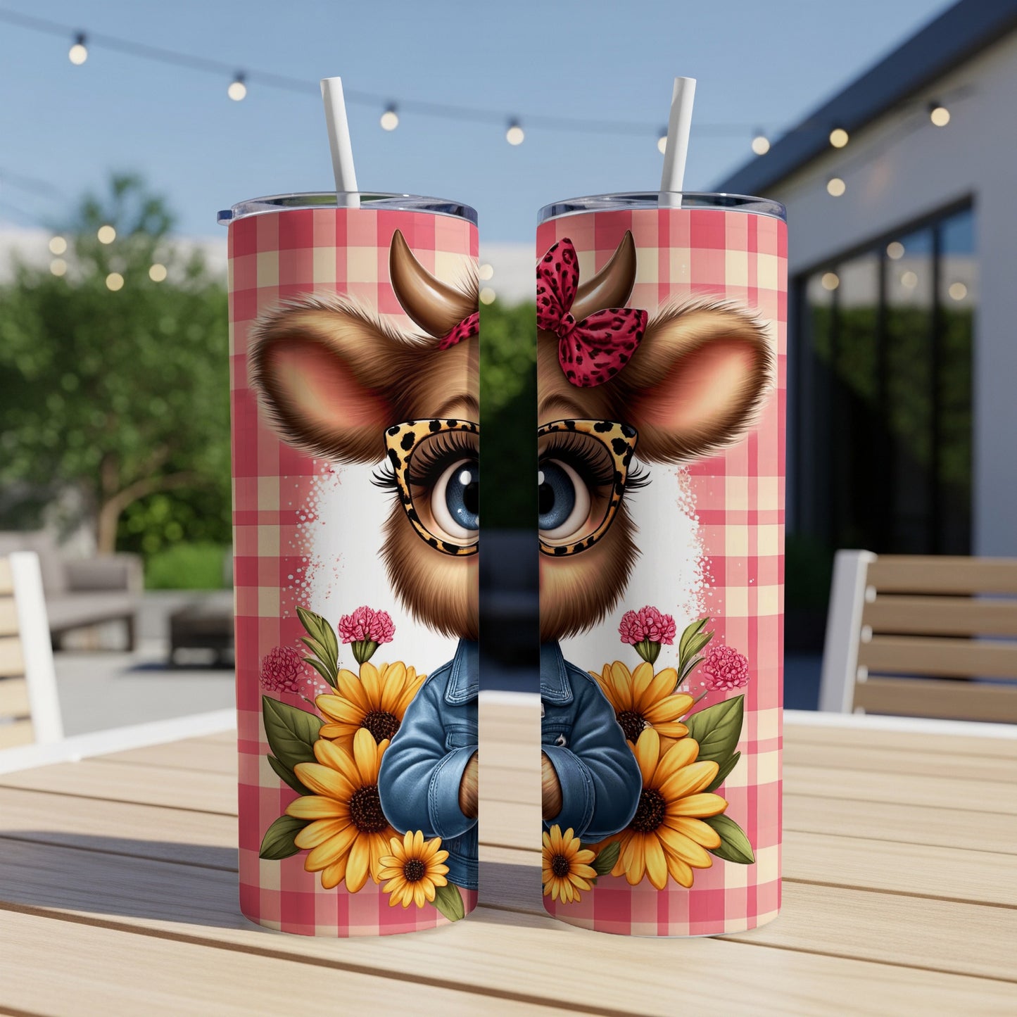 Cow with sunflowers and gingham pattern on a tumbler cup.