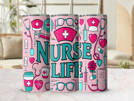 Pink tumbler with "Nurse Life" text and medical illustrations.