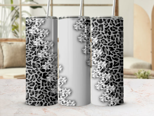 Three tumblers with leopard print and floral design.