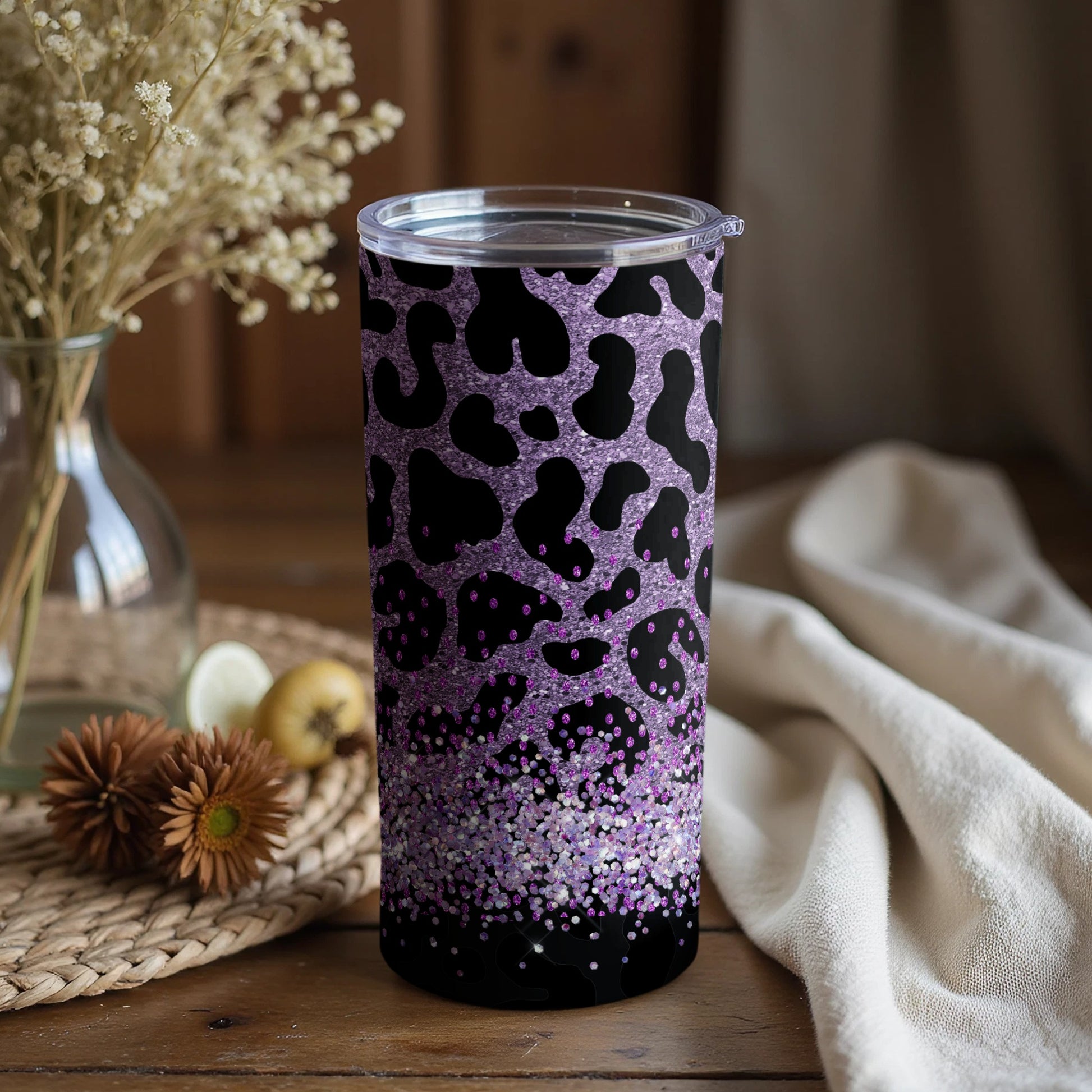 Purple Glitter Leopard Tumbler for Stylish Beverage Container