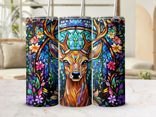 Deer head design with colorful floral and stained glass elements on a tumbler.