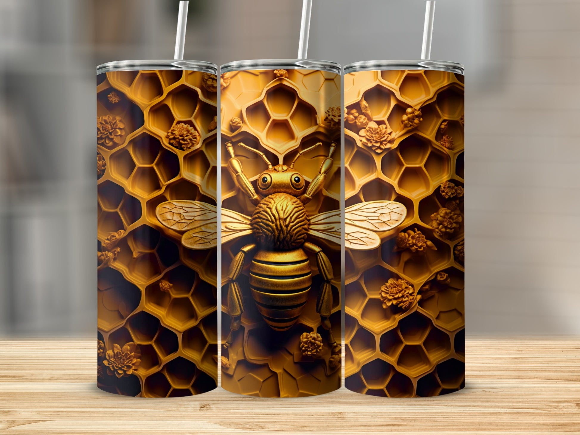 3D Golden Bee Honeycomb Flowers Tumbler Bottle product type