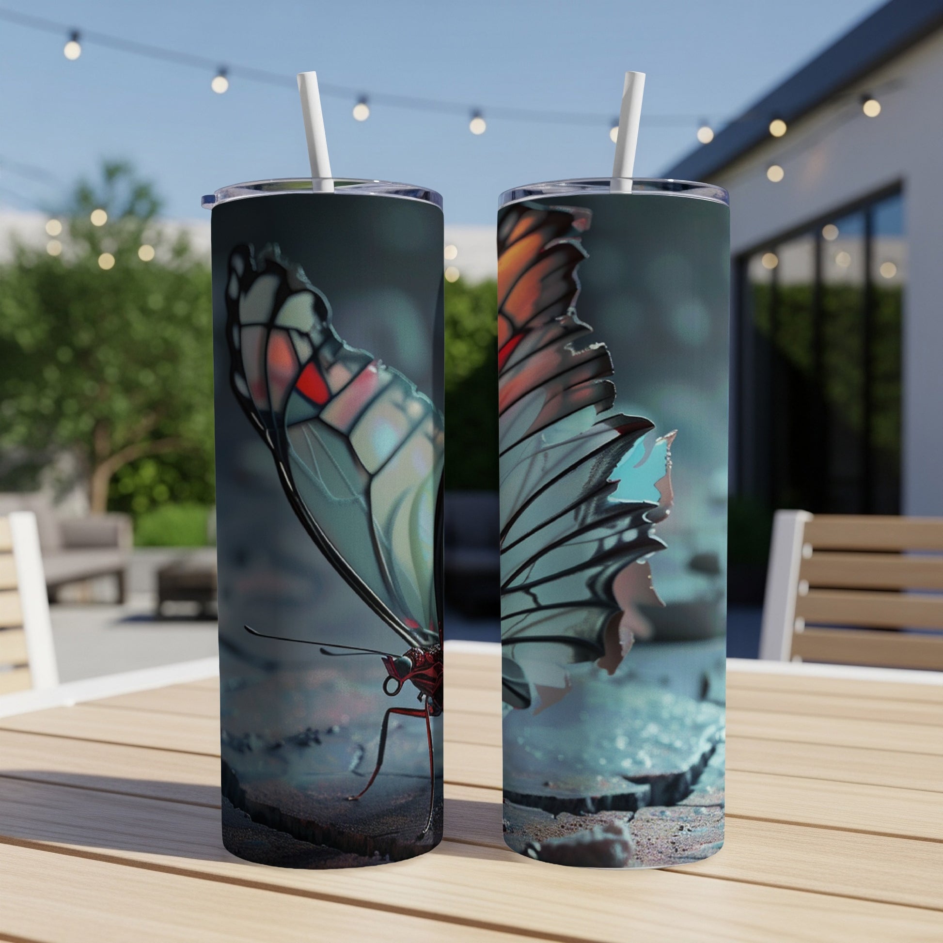 Two tumblers feature a close-up of a butterfly wing with vibrant colors.