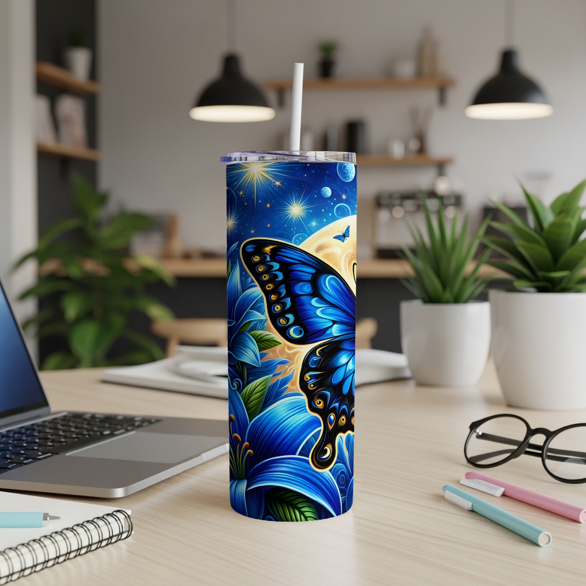 Blue butterfly and lilies on a starry night tumbler with straw.