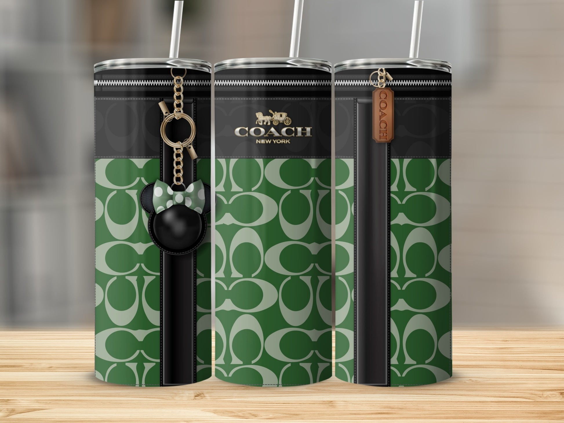 Green Coach New York Tumbler with Zipper Design and Keychain
