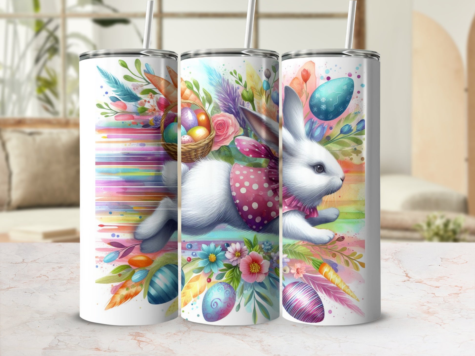 Easter bunny with basket of eggs and colorful feathers on a tumbler.