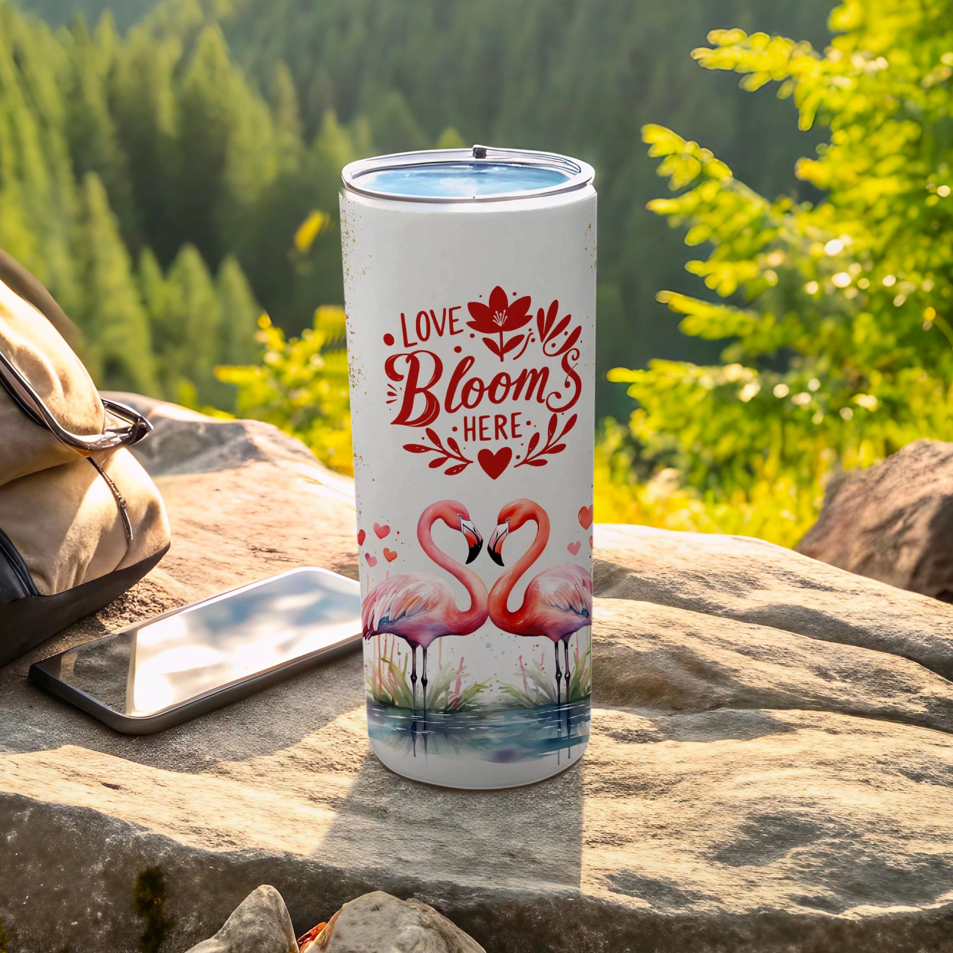 Love Blooms Here Flamingo Design Travel Tumbler Cup