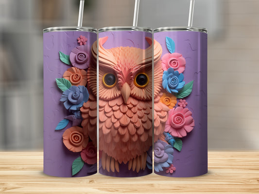 Three purple tumblers with an owl and floral design.