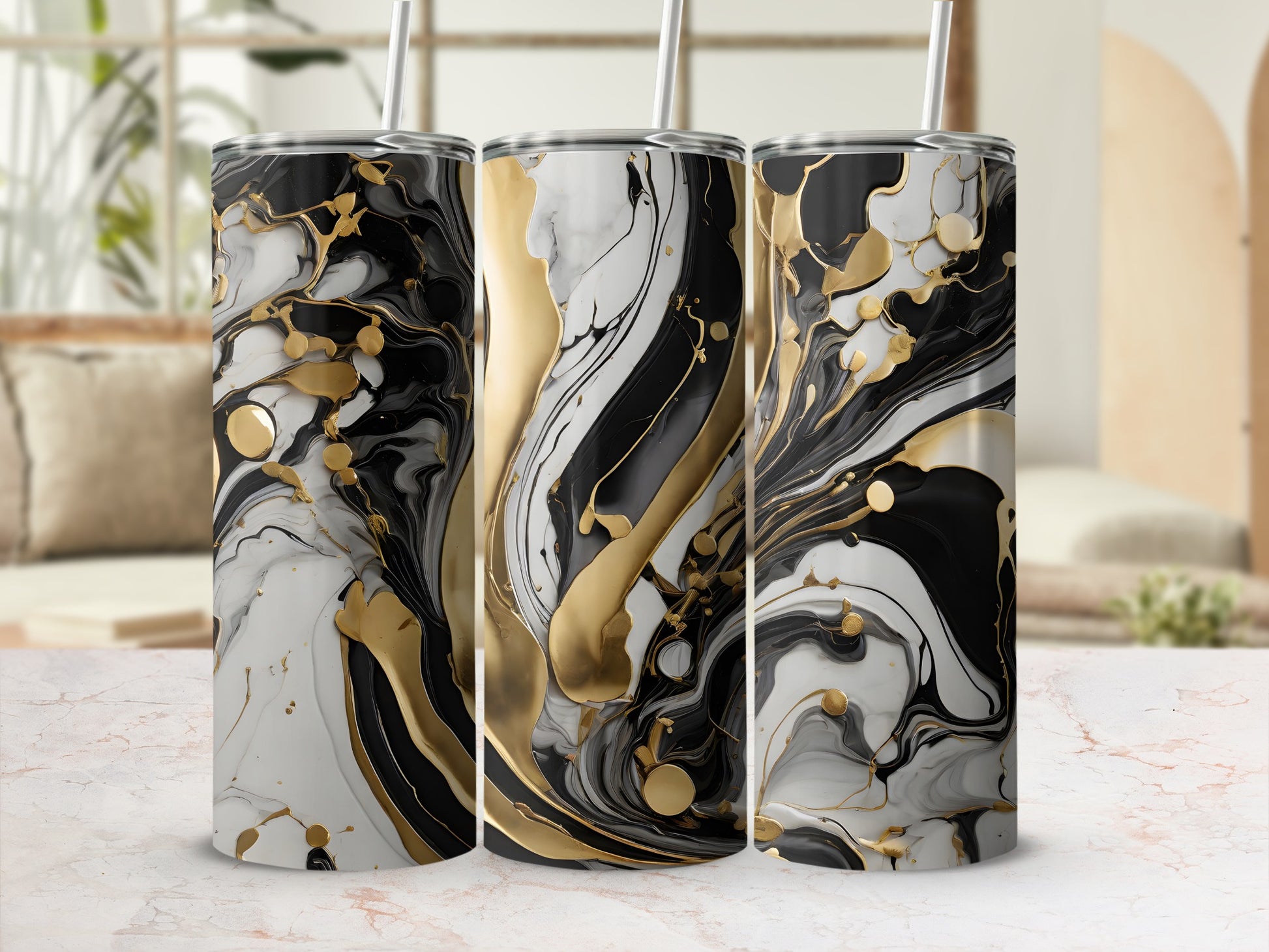 Black White Gold Abstract Design Skinny Tumbler product type