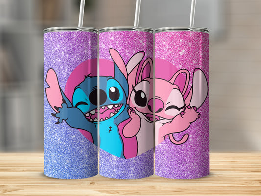 Stitch and Angel Glitter Heart Design Tumbler
