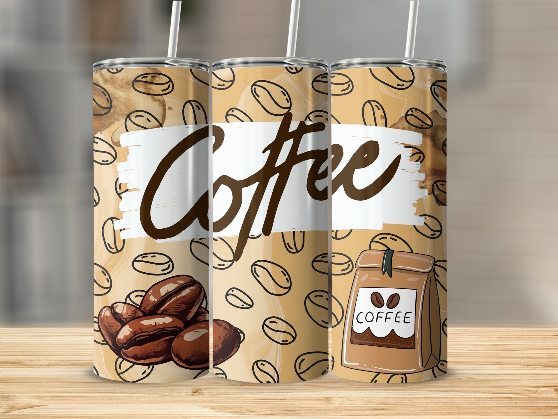 Stylish Coffee Themed Tumblers with Straw Included
