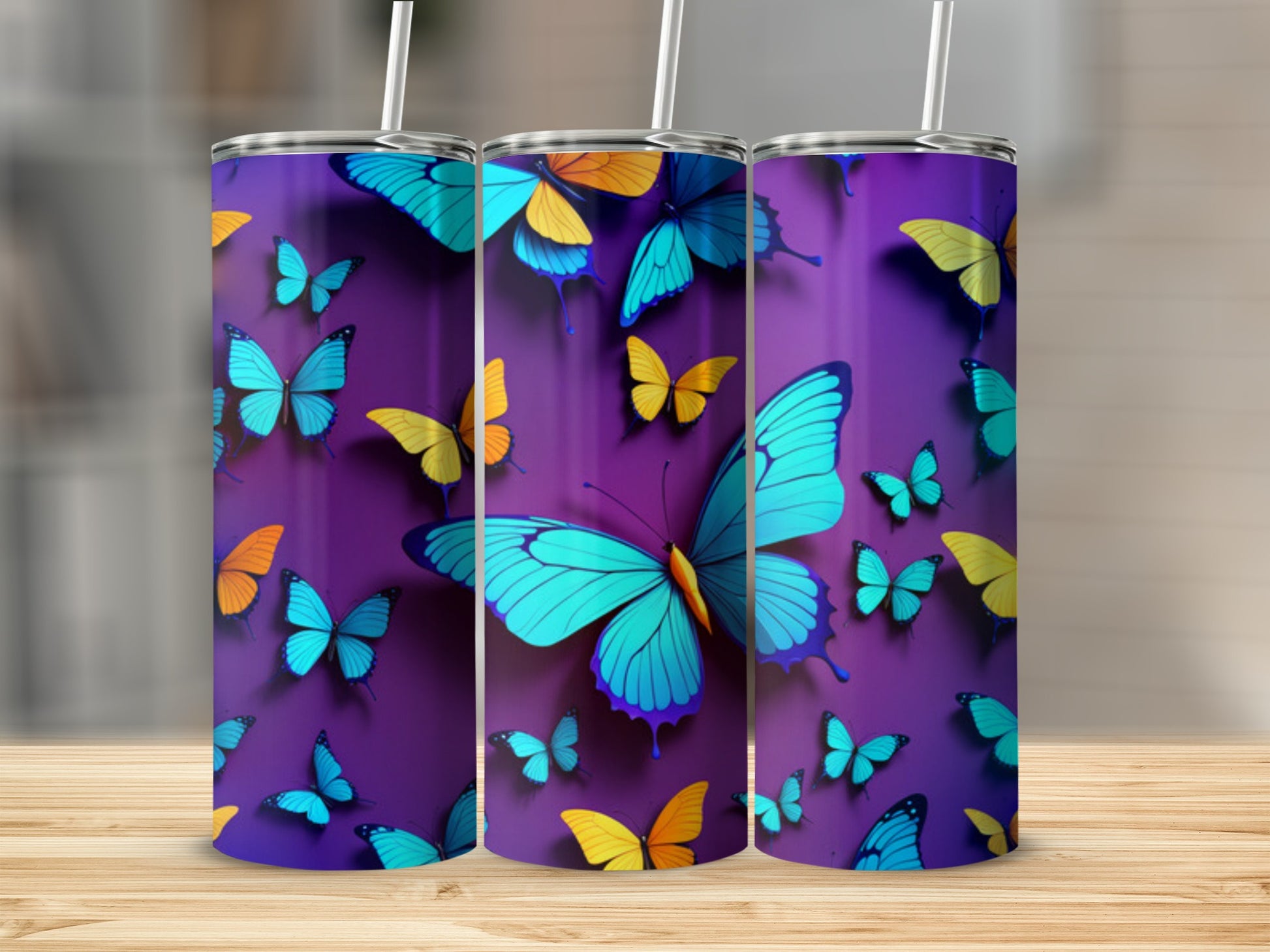 Purple tumbler with colorful butterflies and two straws.