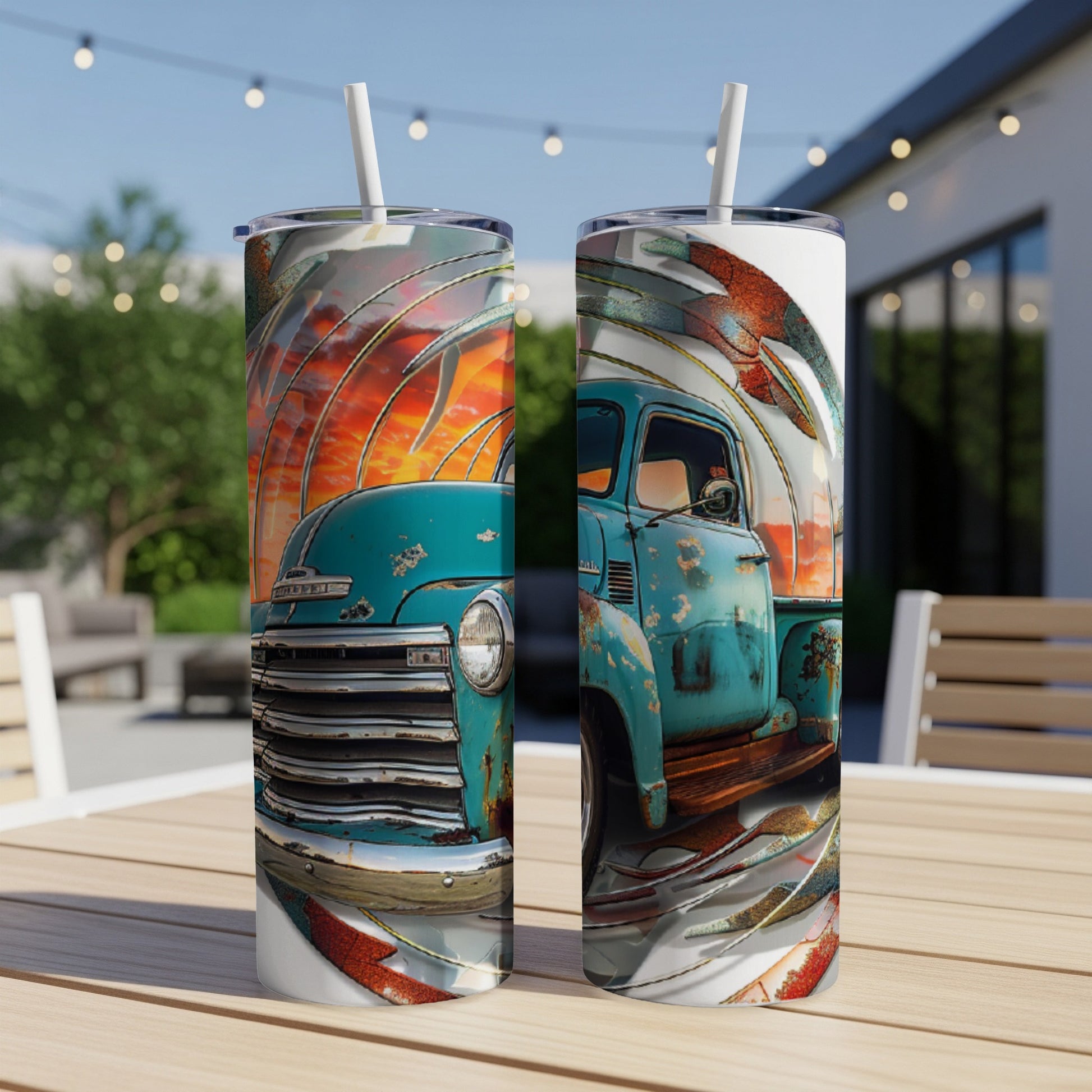 Distressed teal vintage pickup truck with chrome grille and sunset backdrop.