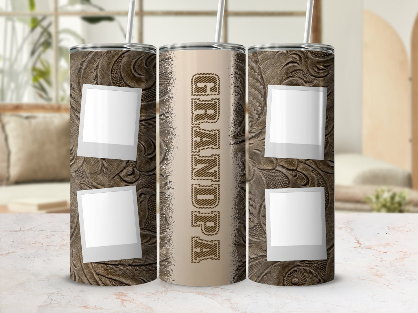 Three tumblers with textured brown design and "GRANDPA" text.