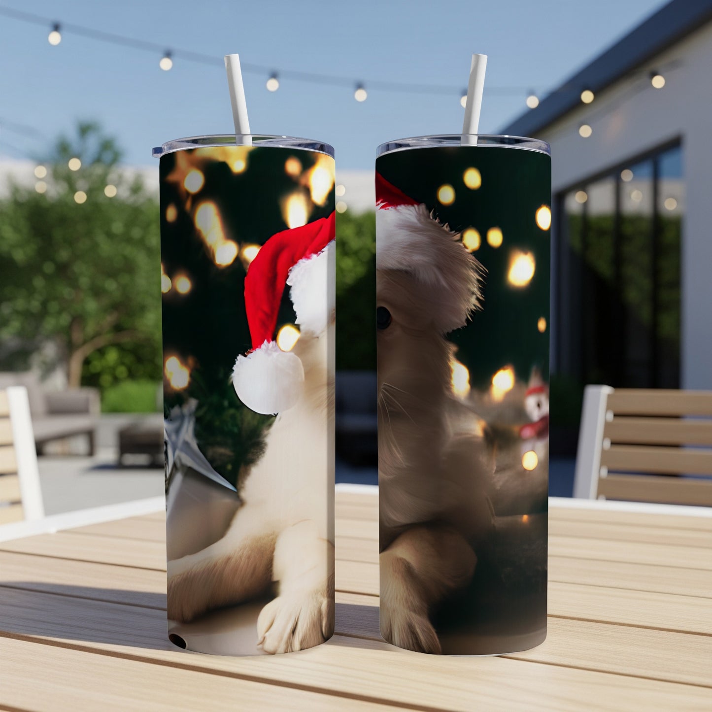 Golden retriever puppy in Santa hat on Christmas tumbler.