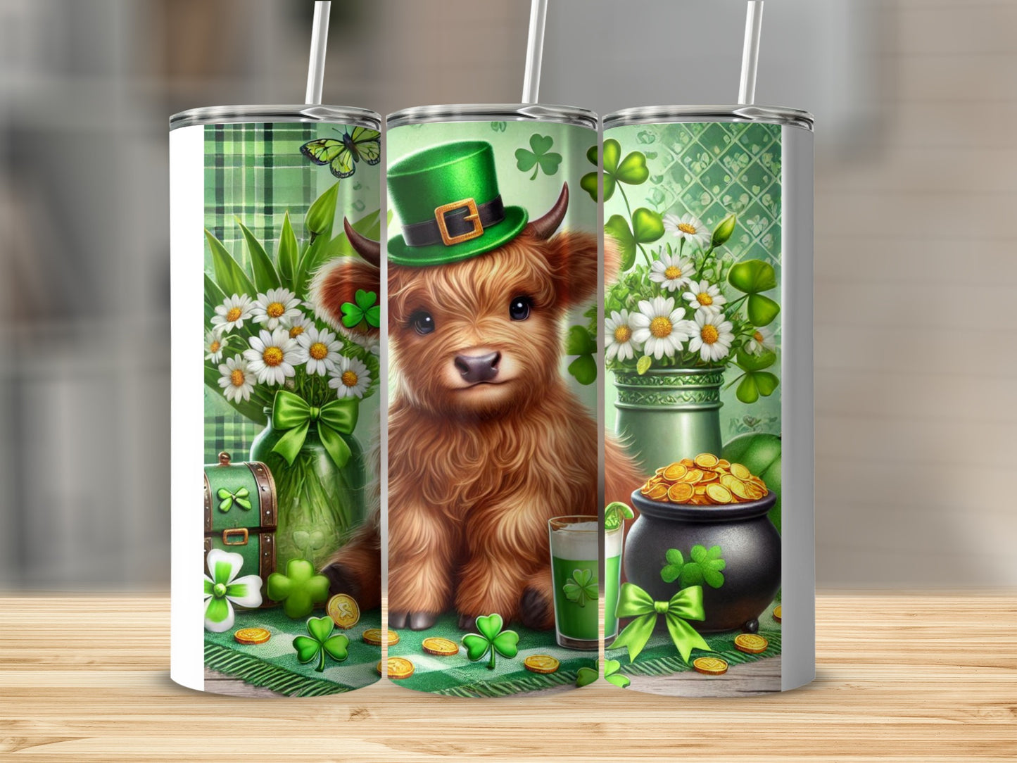 Highland cow wearing green hat with clover and pot of gold, St. Patrick's Day design.