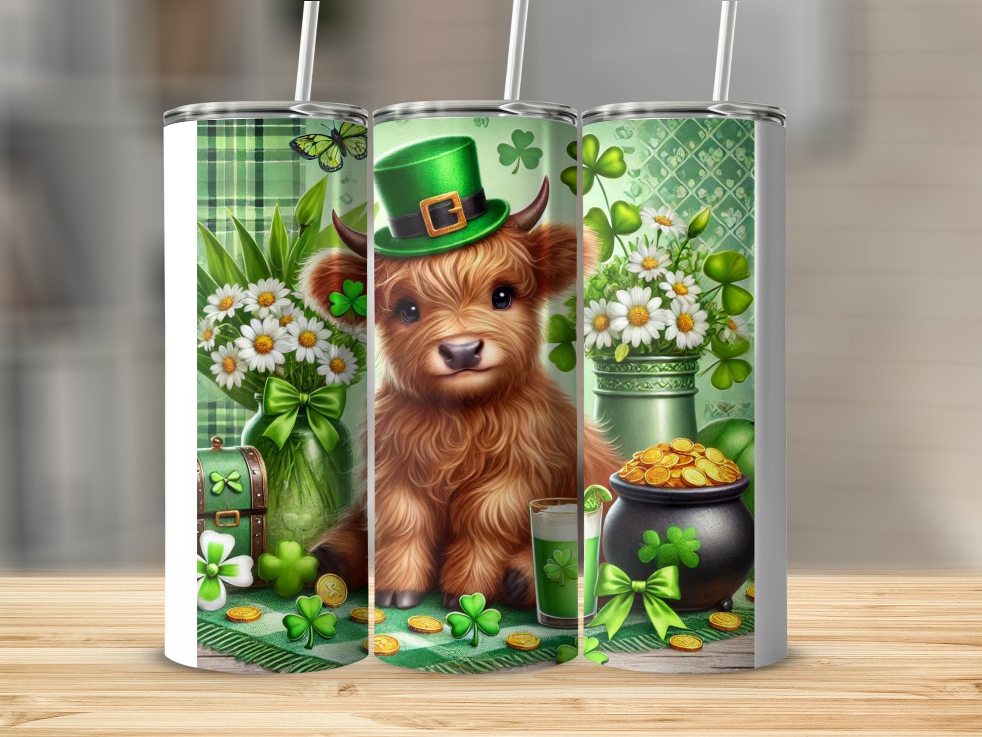Highland cow wearing green hat with clover and pot of gold, St. Patrick's Day design.