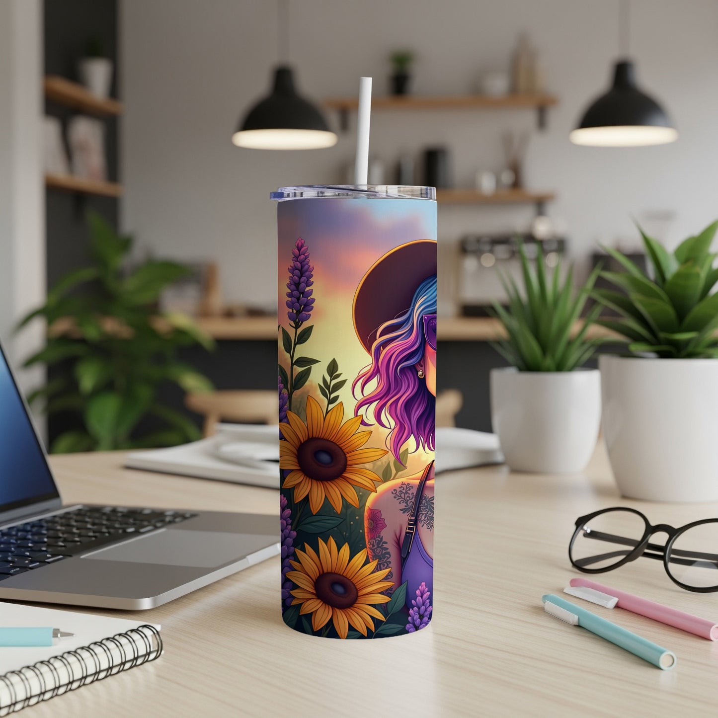 Tall tumbler with a woman and sunflowers against a sunset sky.