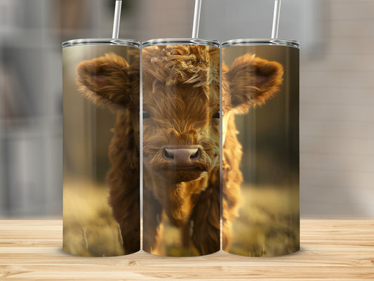 Three tumblers with fluffy brown cow art and straws.