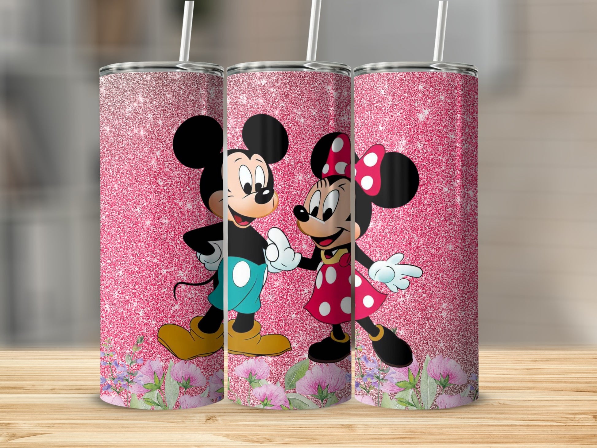 Pink Sparkle Tumbler with Floral Design