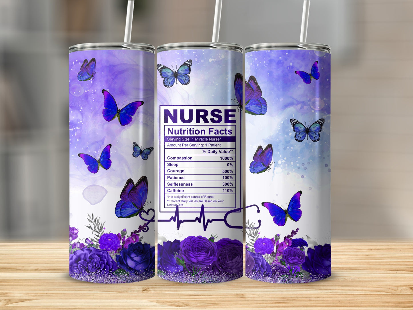 Purple tumbler with nurse nutrition facts label and butterflies.