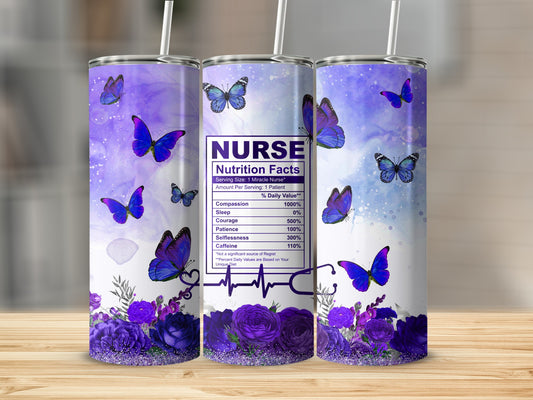 Purple tumbler with nurse nutrition facts label and butterflies.