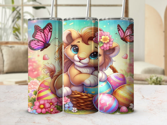 Lion cub with Easter eggs and butterflies in a spring garden.