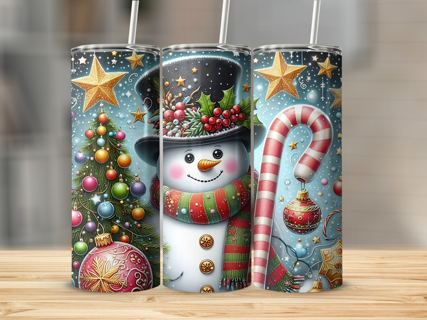 Festive Snowman Christmas Tree Candy Cane Tumbler