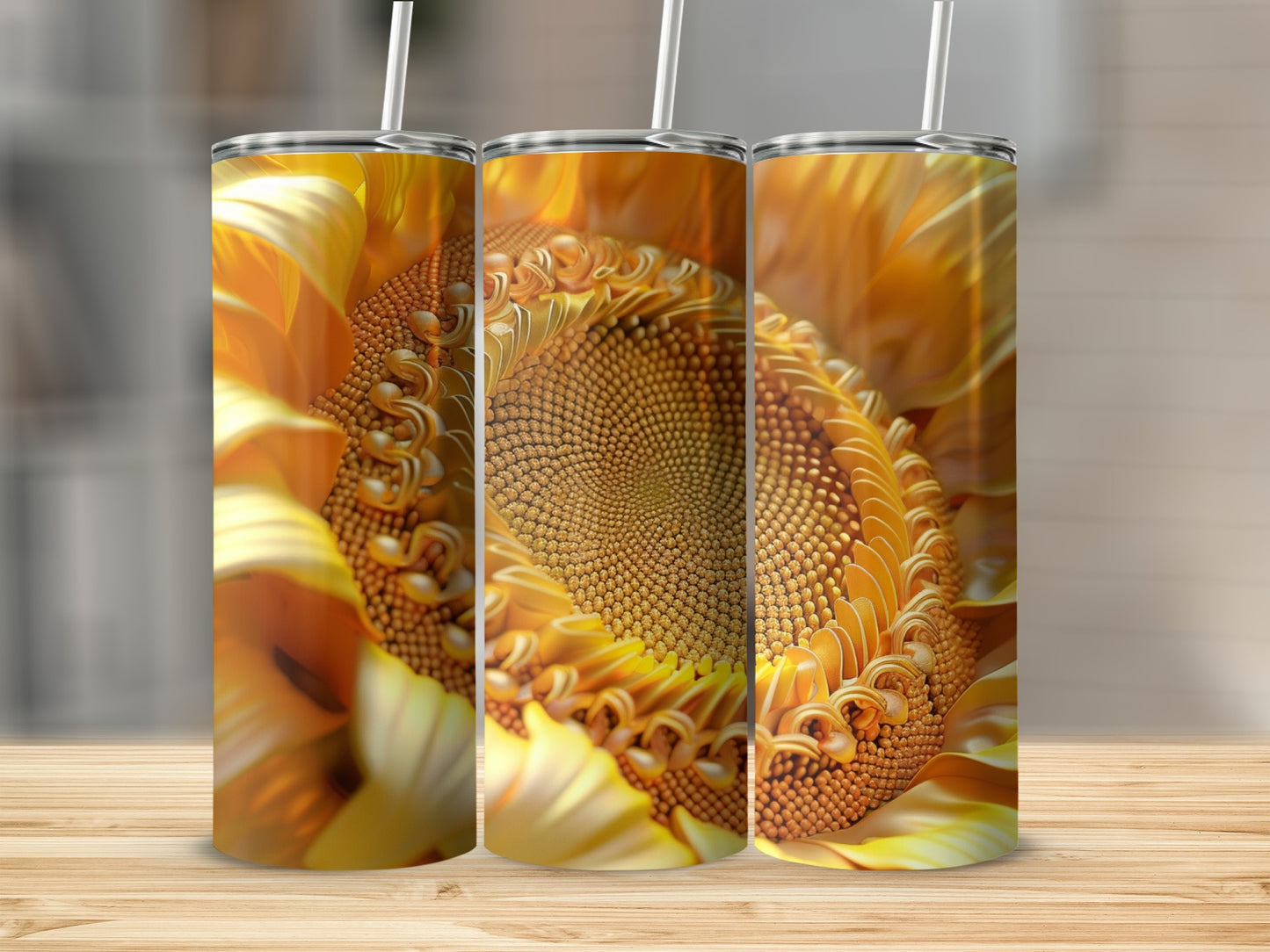 Three tumblers featuring a close-up, abstract sunflower petal design.
