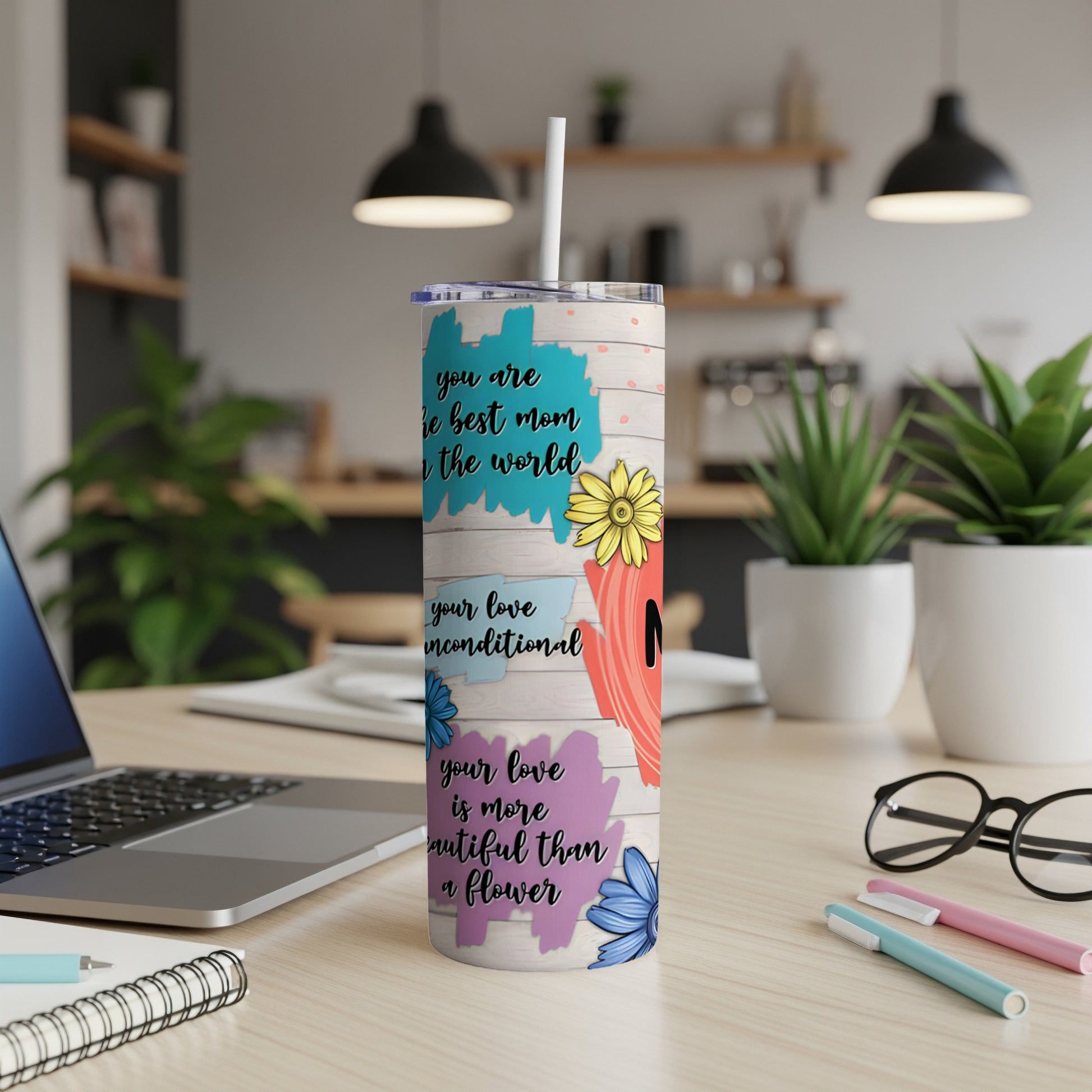 Wooden tumbler with floral accents and heartwarming text for Mom.