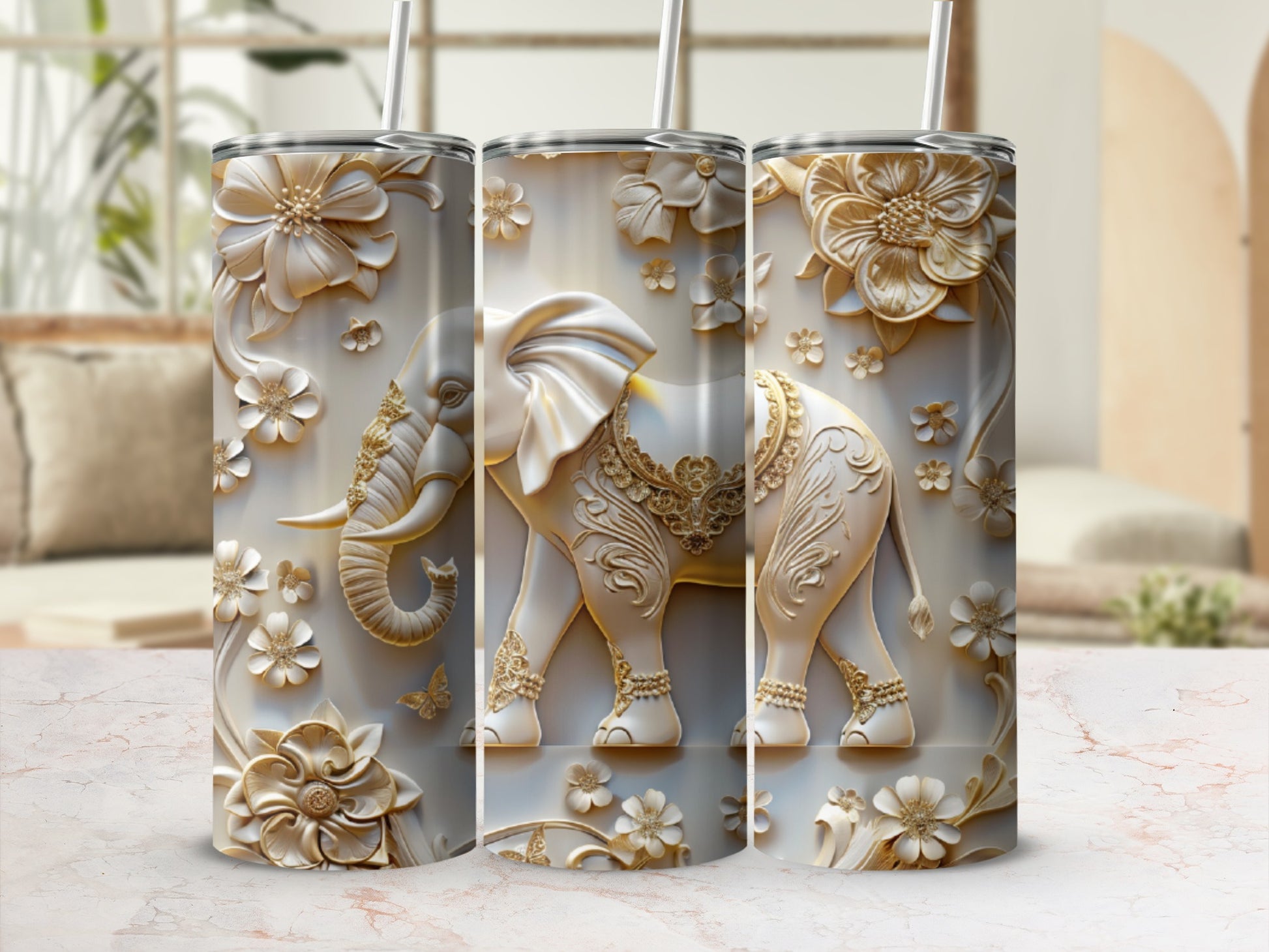 3D embossed elephant with floral accents on a white tumbler with straw.