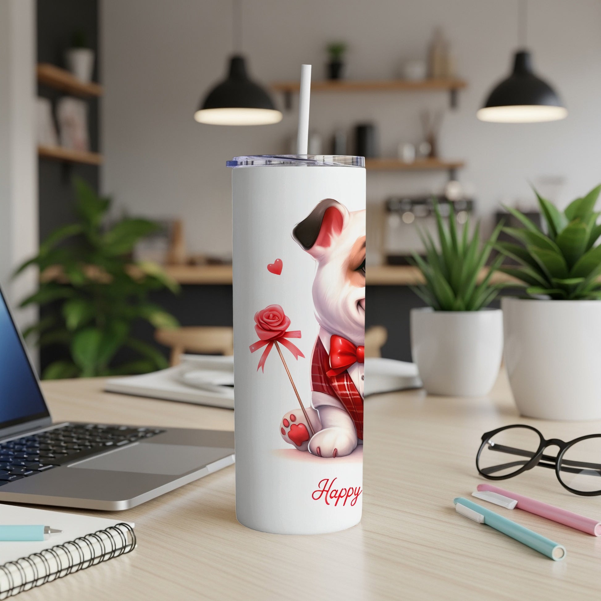 White tumbler with cartoon dog holding a rose, wearing a plaid vest and red bow tie.