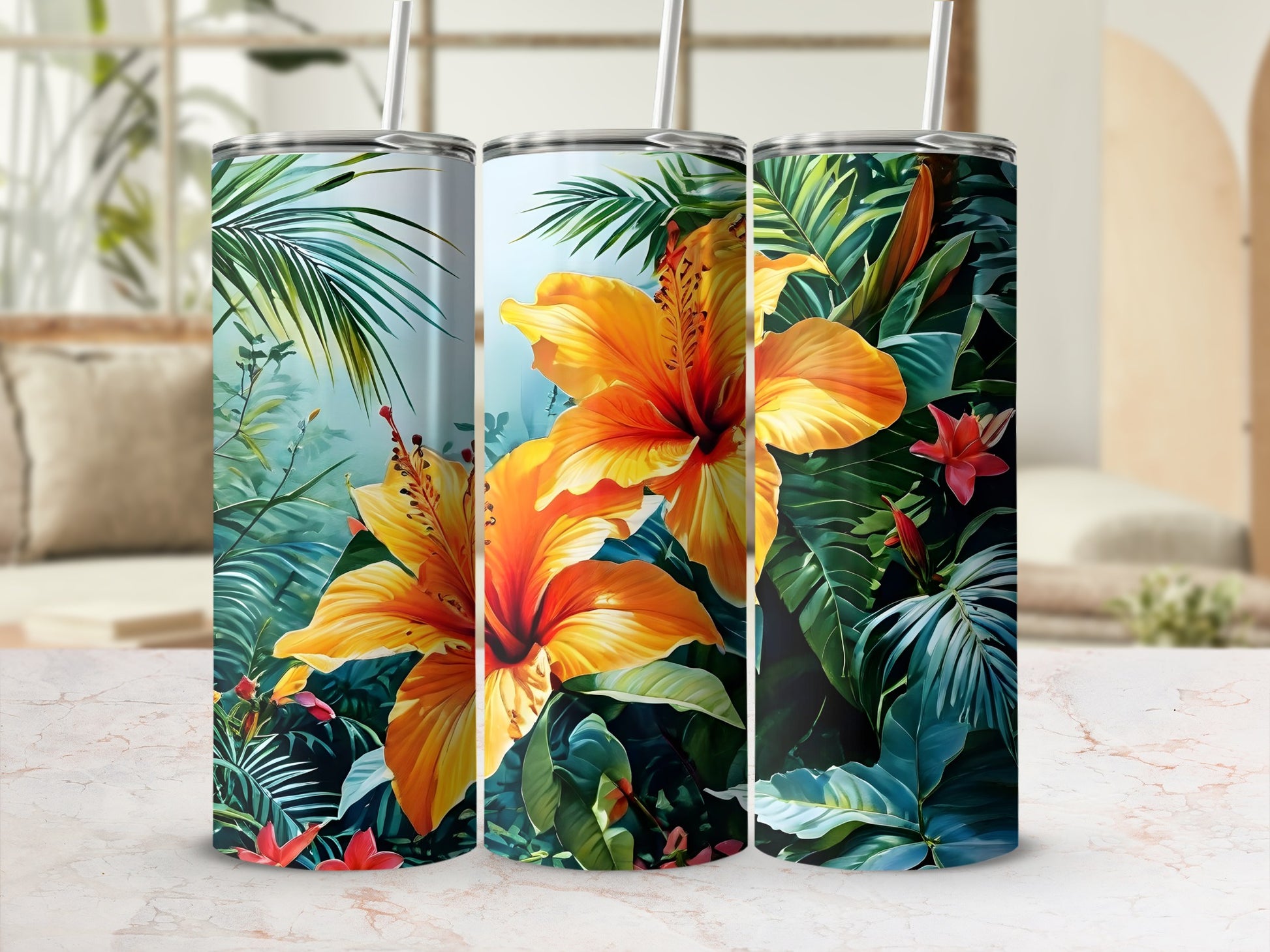 Three tall tumblers with tropical hibiscus flowers and green leaves.