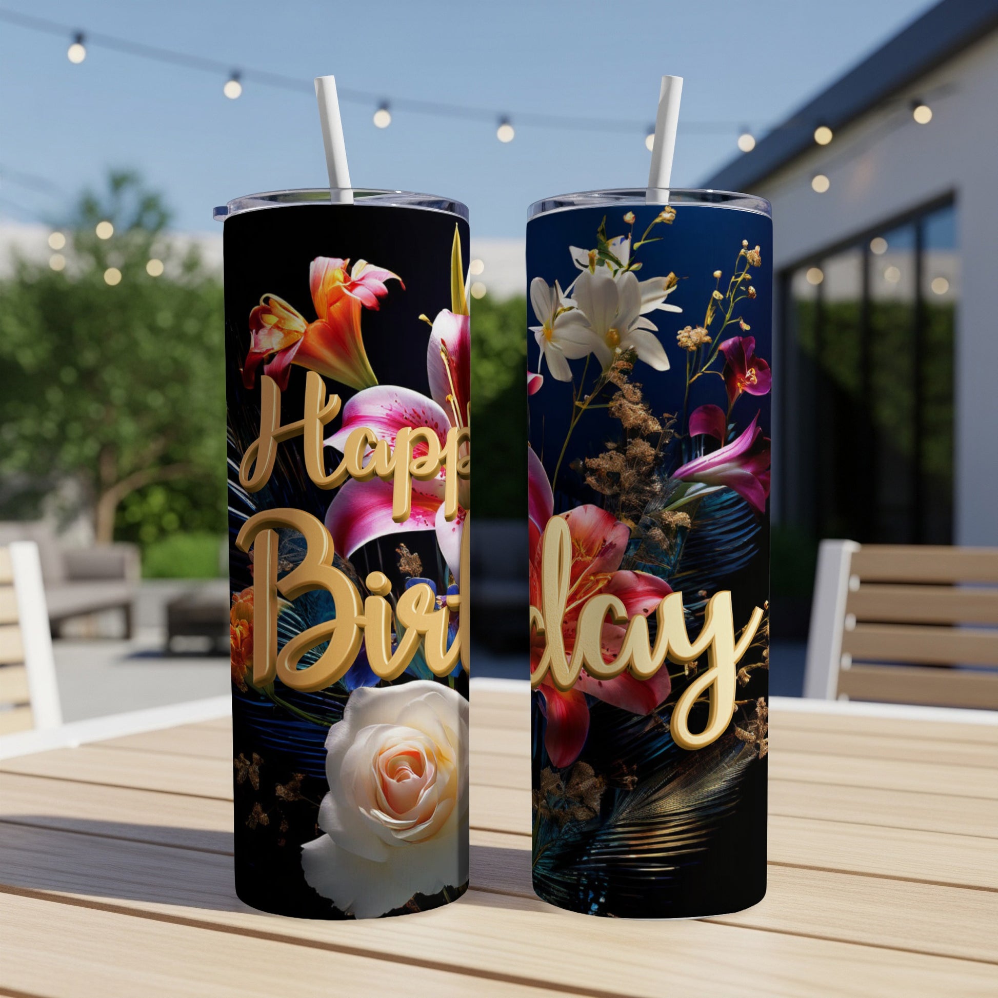 Two tumblers with floral designs and "Happy Birthday" text.