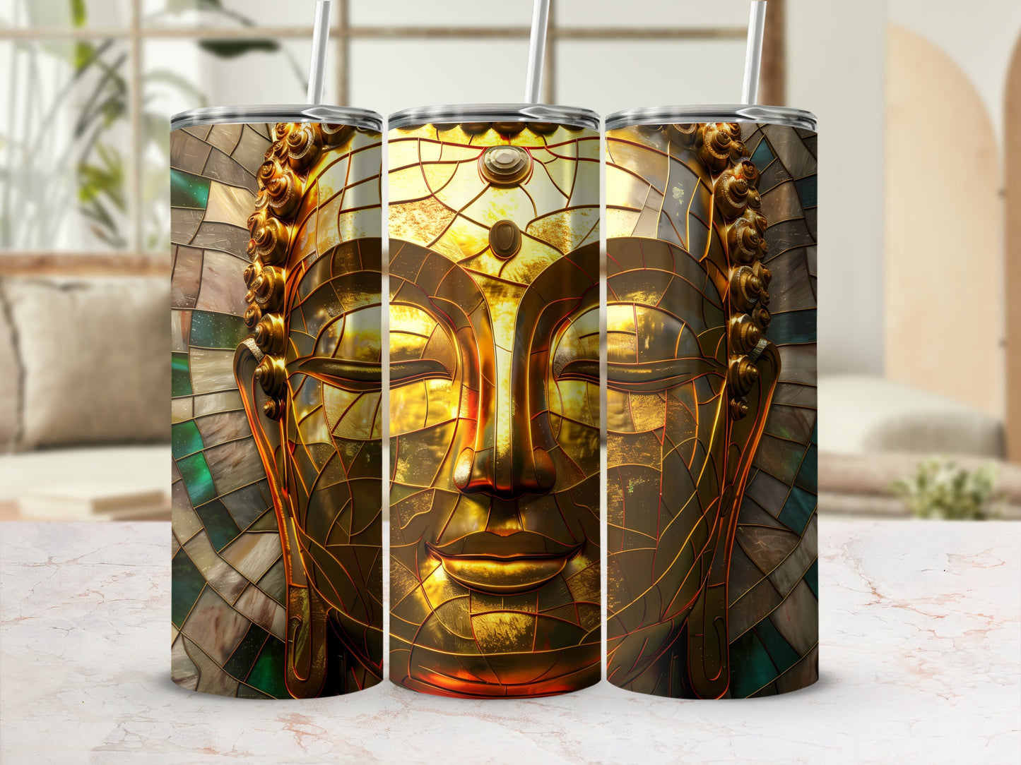 Triptych of a golden Buddha face with mosaic-like patterns.
